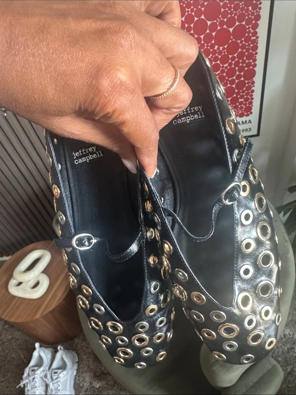 Jeffrey Campbell Black Leather Grommet-Embellished Slip-On Flats